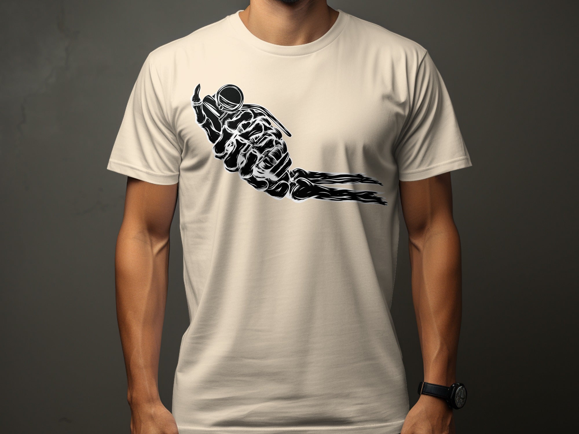 Black skeletal hand holding a grenade with smoke coming out of it on a cream t-shirt.