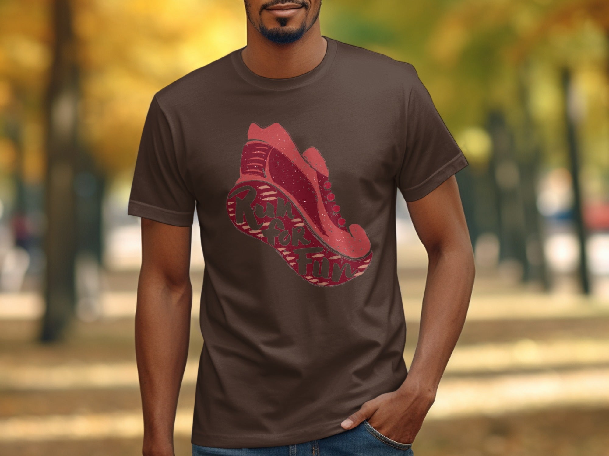 Brown t-shirt with a red sneaker graphic that says "Run For Fun".