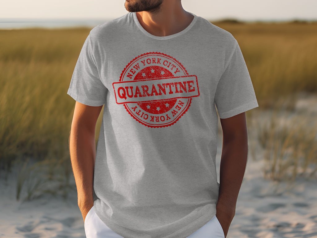 Grey t-shirt with a red New York City Quarantine stamp graphic.