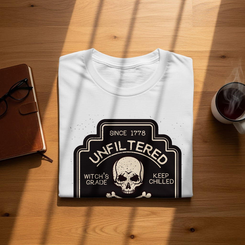 White t-shirt with "Unfiltered Witch's Grade Keep Chilled" and skull graphics.