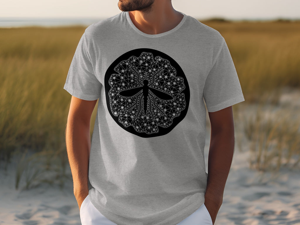 Grey t-shirt with black geometric dragonfly and flower design on chest.