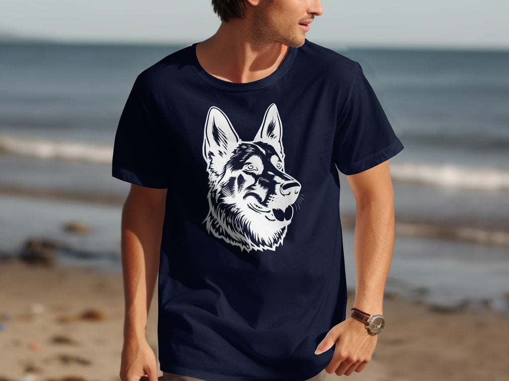 Navy t-shirt featuring a white line drawing of a German Shepherd's face.