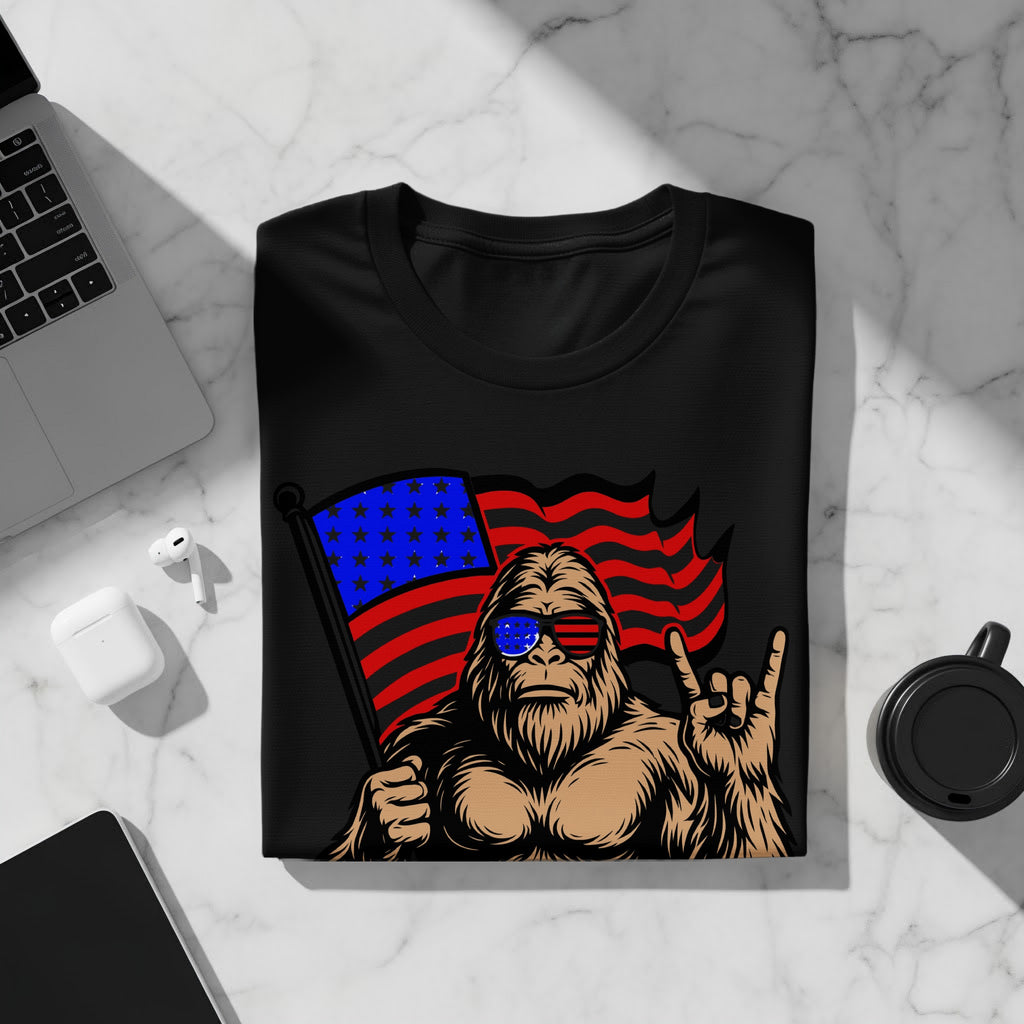 Black t-shirt with Bigfoot wearing American flag glasses and holding flag.