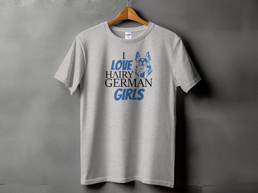 Grey T-shirt with blue and black text and German Shepherd graphic.
