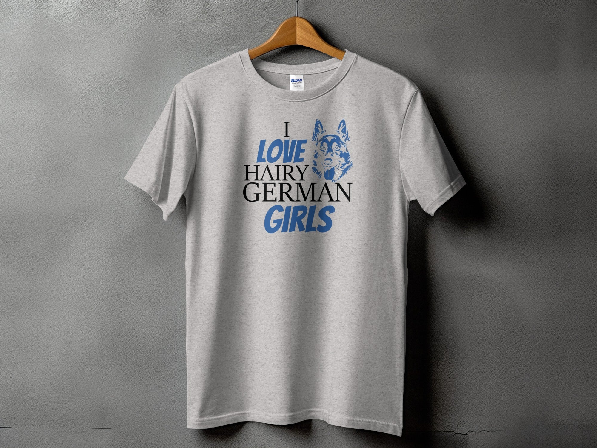 Grey T-shirt with blue and black text and German Shepherd graphic.