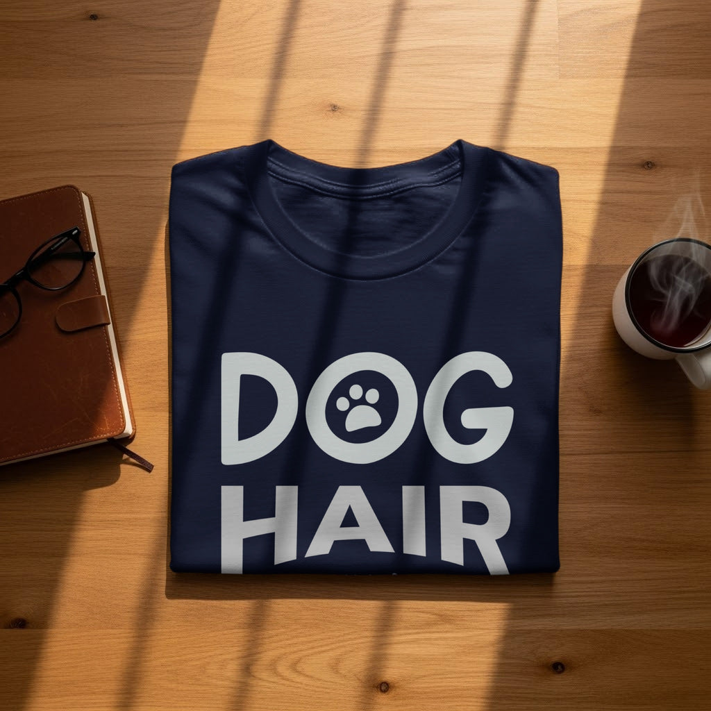 Navy t-shirt with white text "DOG HAIR" and a paw print icon.