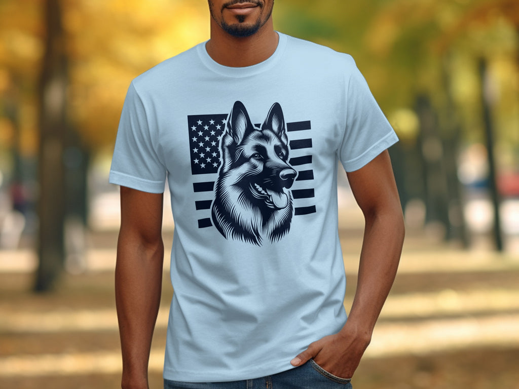 Light blue t-shirt with German Shepherd and American flag graphic.