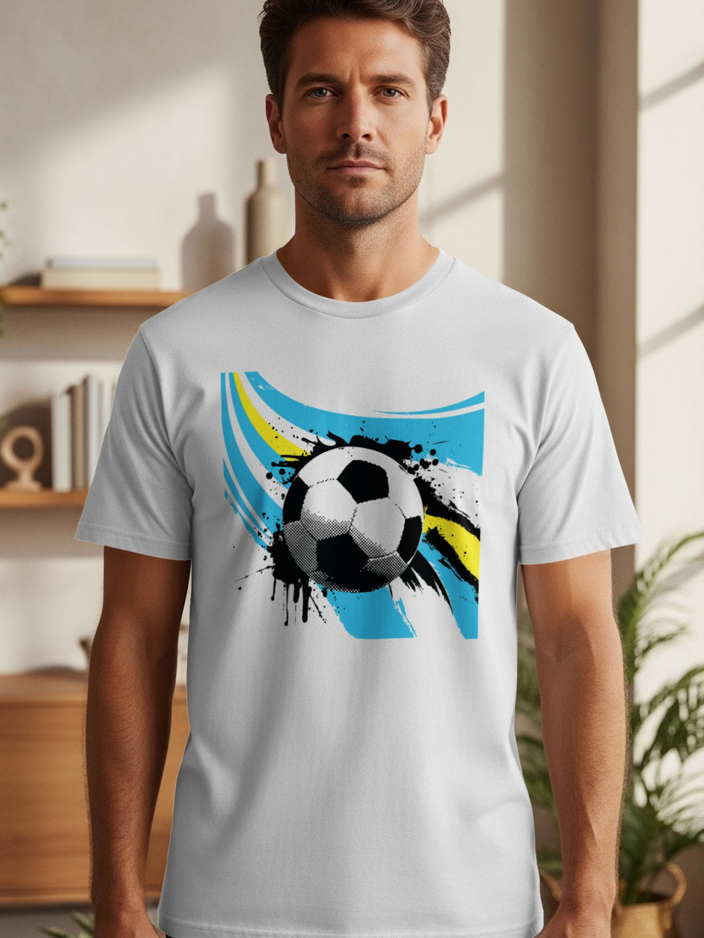 Man wearing a white t-shirt with a colorful soccer ball graphic and abstract lines.