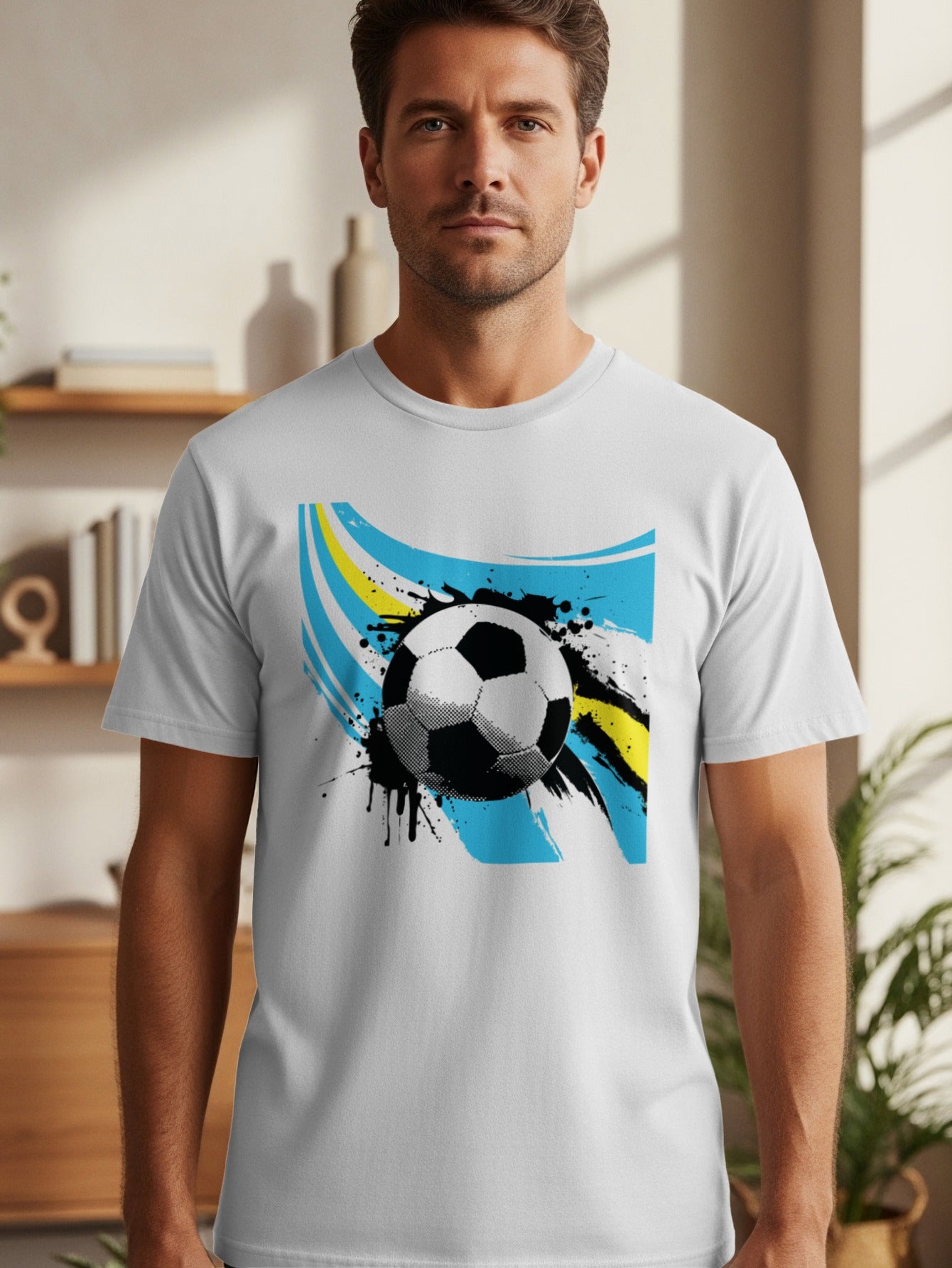 Man wearing a white t-shirt with a colorful soccer ball graphic and abstract lines.