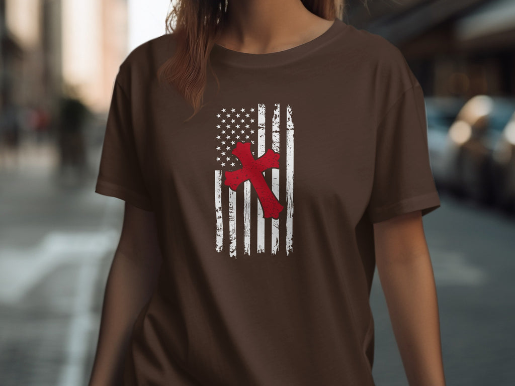 Brown t-shirt with distressed American flag and red cross design.