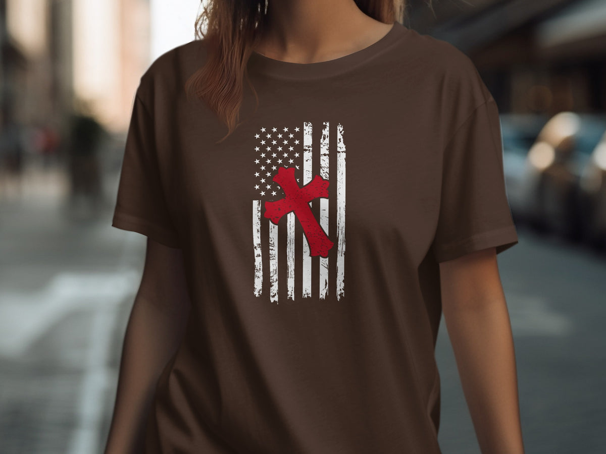 Brown t-shirt with distressed American flag and red cross design.