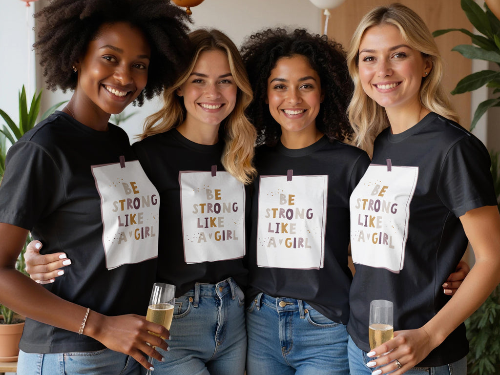 Four women wear black t-shirts with the text "BE STRONG LIKE A GIRL".