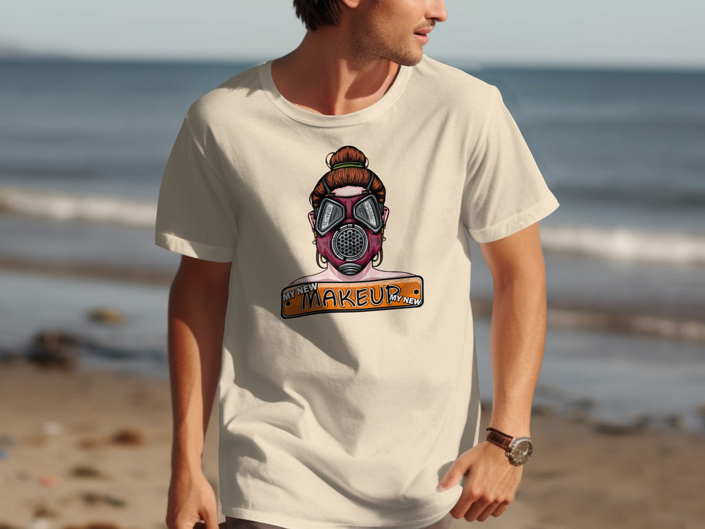 Cream t-shirt with graphic of a person wearing a gas mask and text "MY NEW MAKEUP MY NEW".