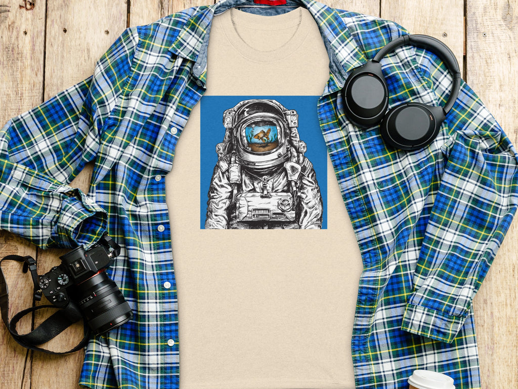 Astronaut wearing a fishbowl helmet with a goldfish, on a tan t-shirt.