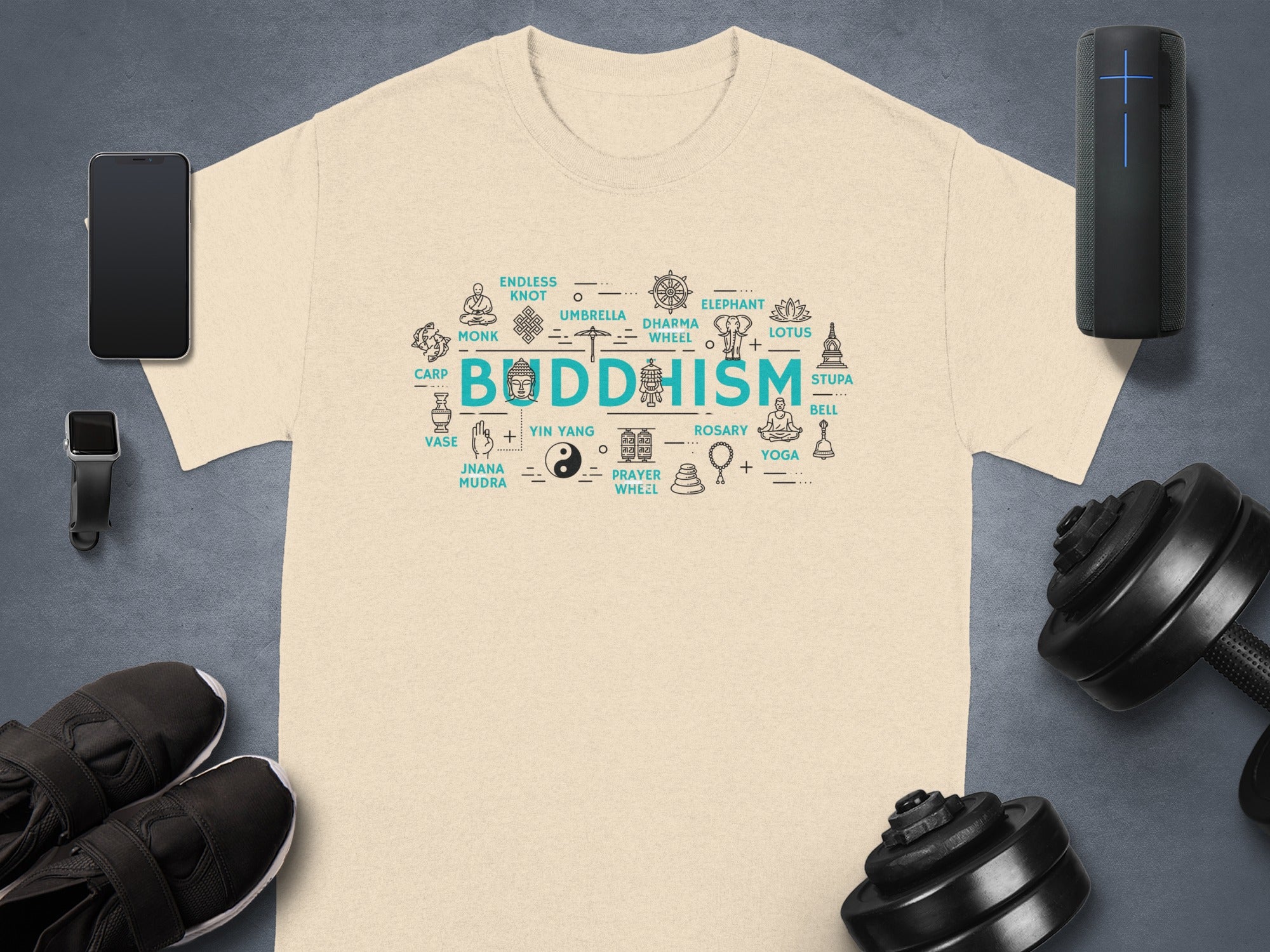 Light beige t-shirt with "BUDDHISM" and related symbols: monk, carp, lotus.