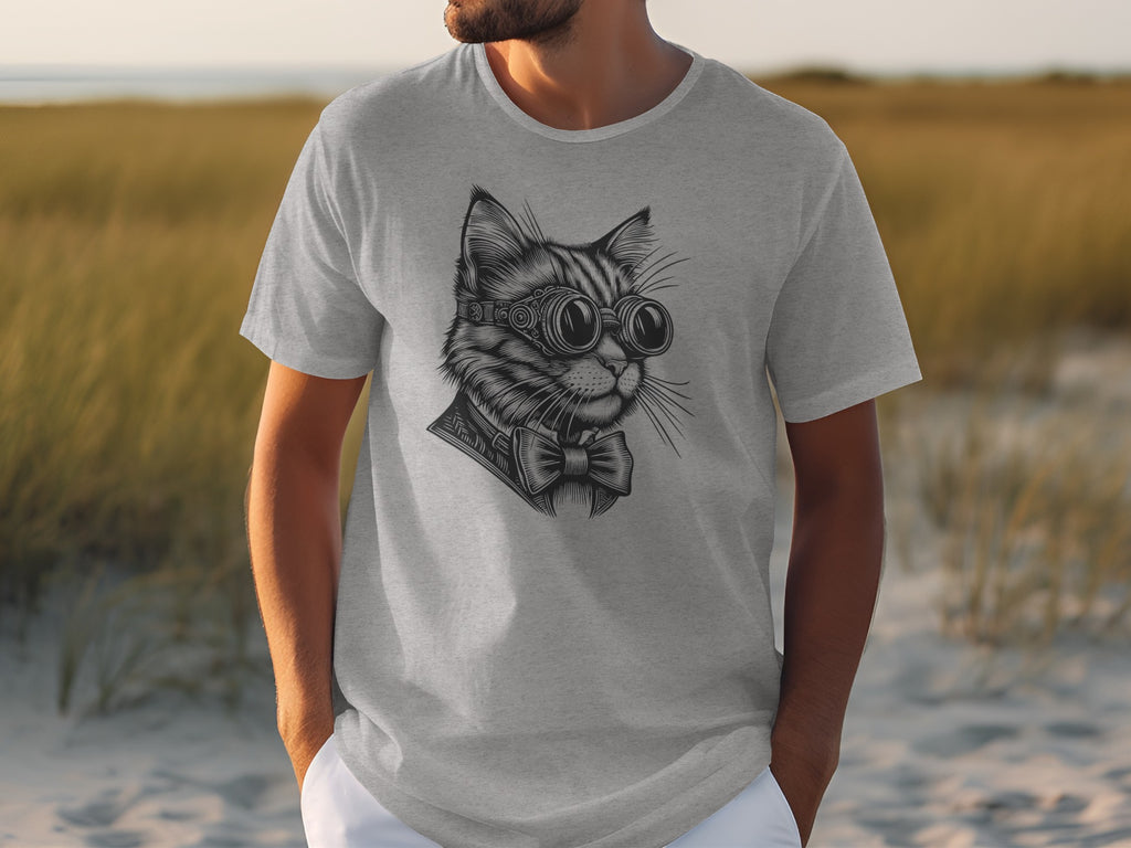 Grey t-shirt with a line drawing of a cat wearing goggles and a bowtie.