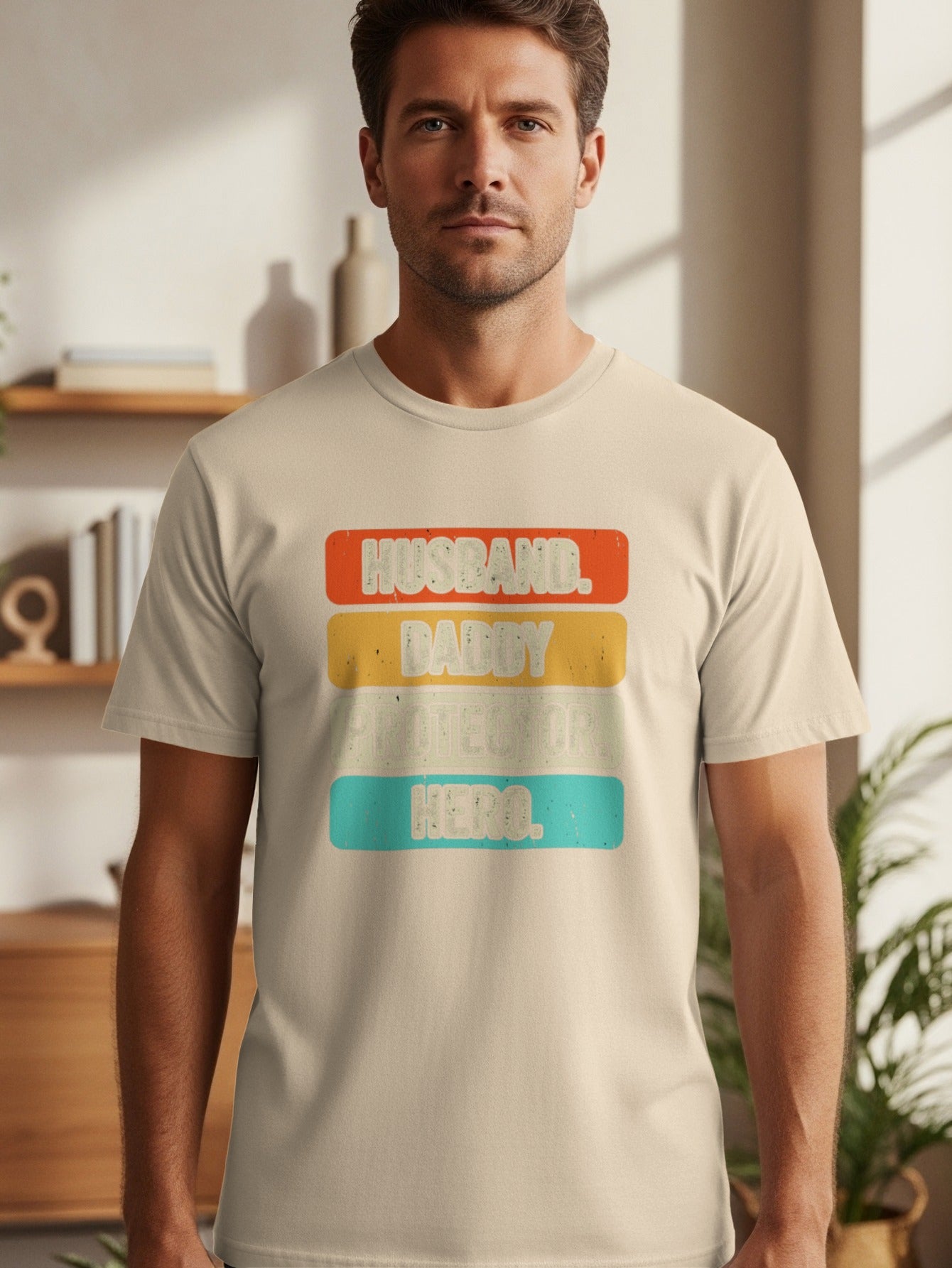 T-shirt with "Husband. Daddy. Protector. Hero." text in retro style color blocks.