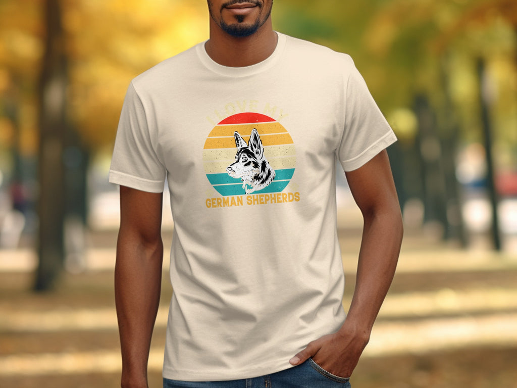 Cream t-shirt with vintage-style German Shepherd graphic and text.