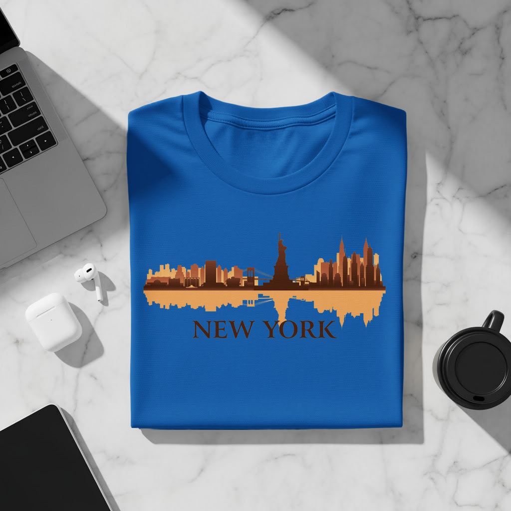Blue t-shirt with New York skyline and text graphic.