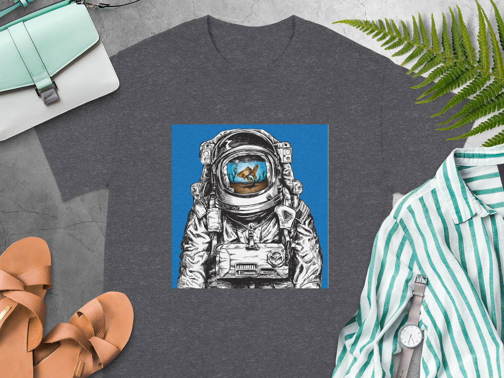 Astronaut helmet with goldfish inside on a graphic t-shirt.