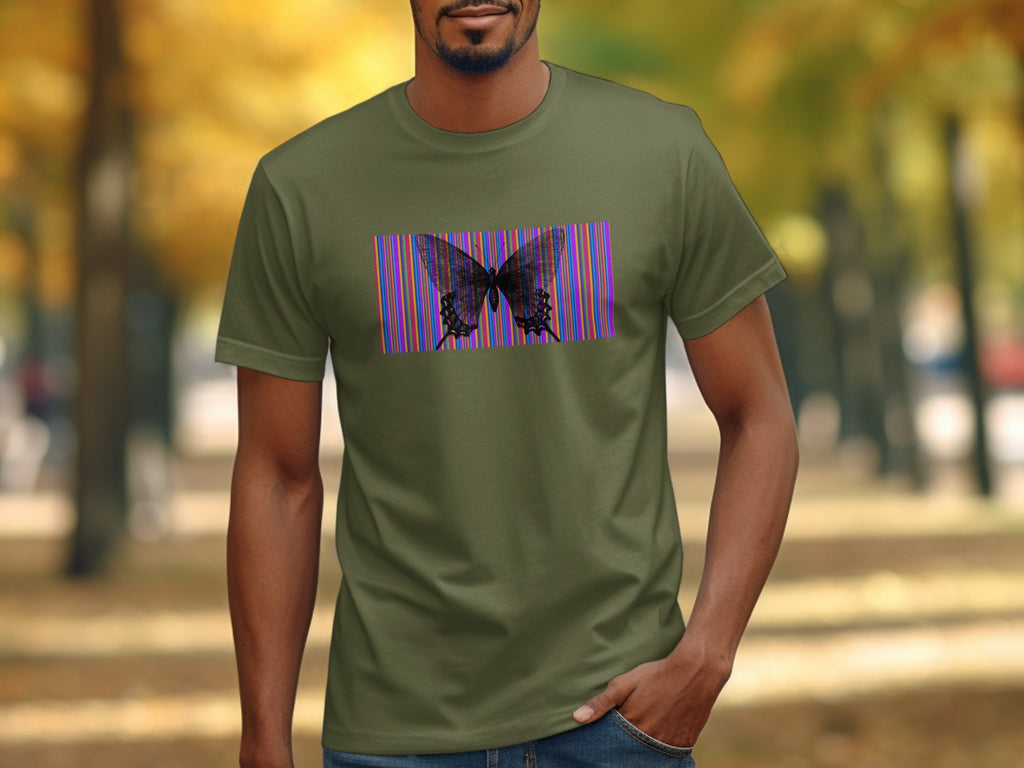 T-shirt with black butterfly graphic on striped background.
