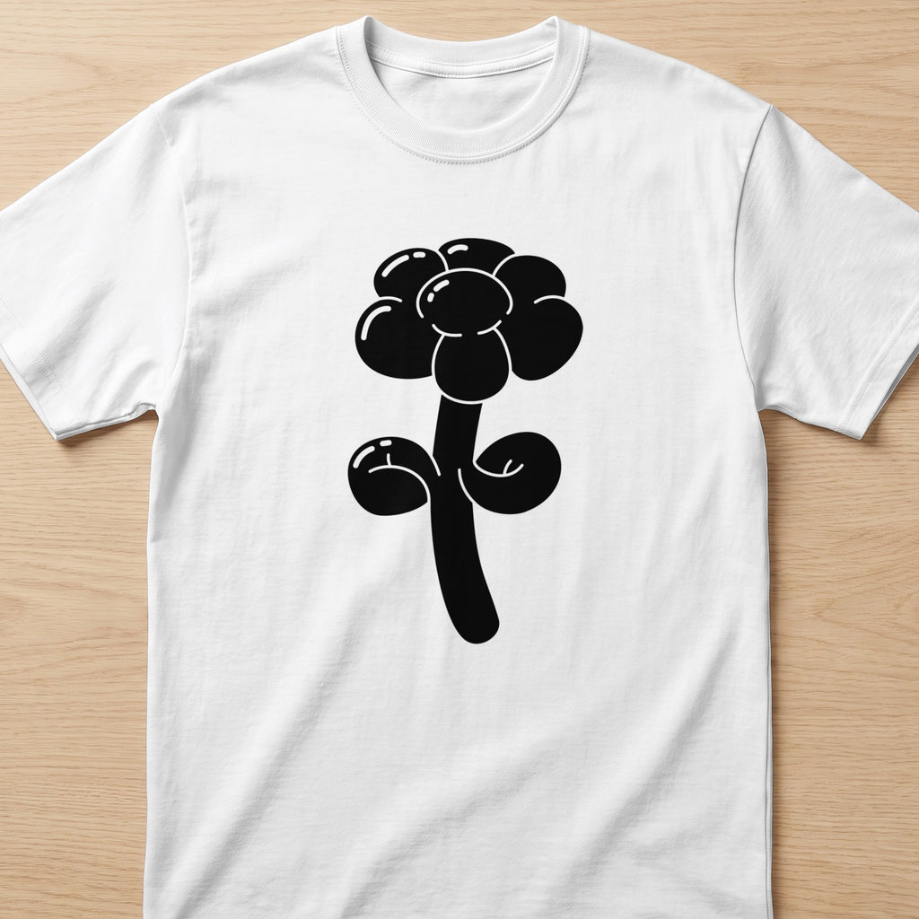 Black balloon flower graphic on a white t-shirt.