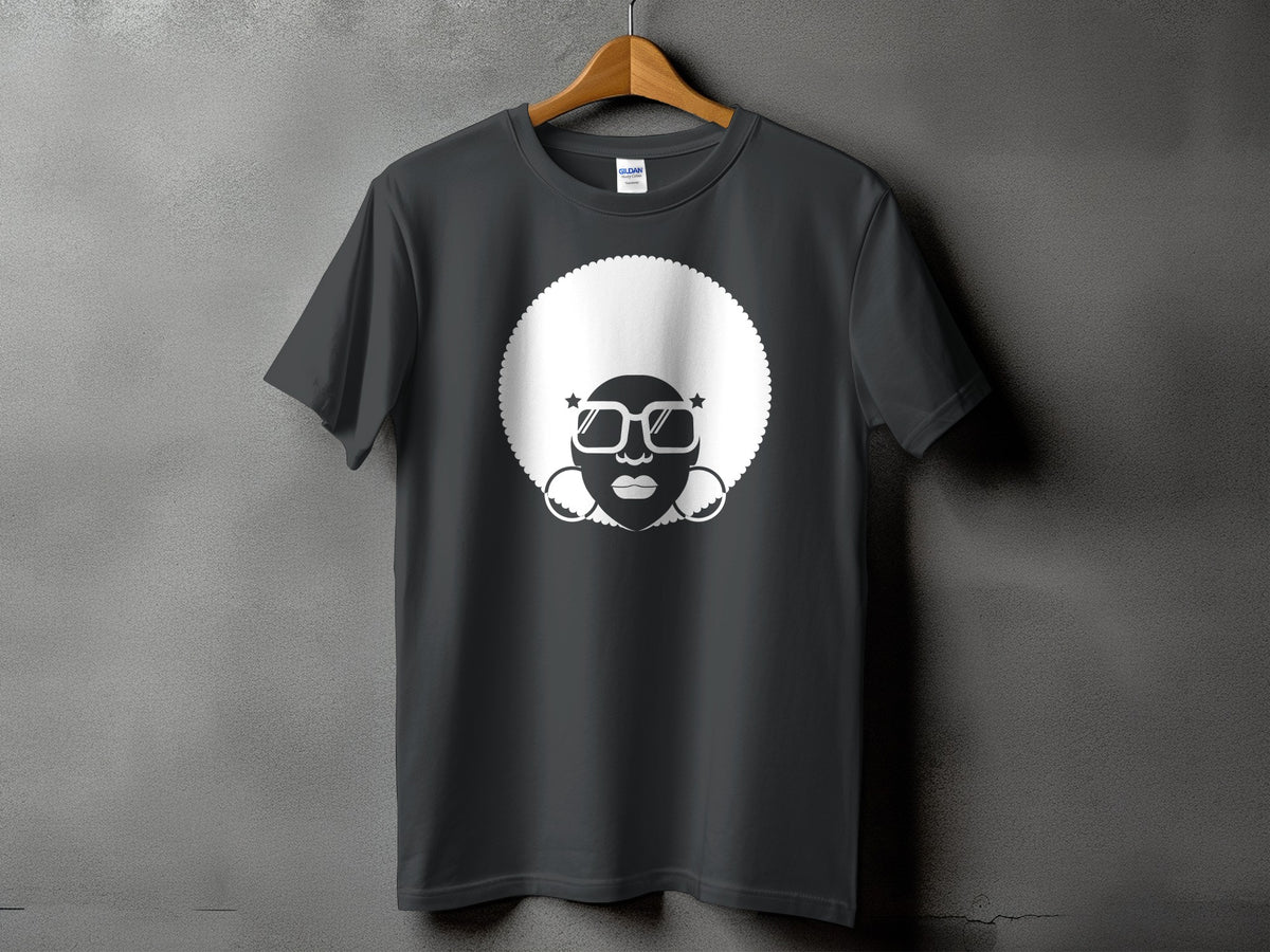 Dark gray t-shirt with white graphic of a woman with large afro and sunglasses.