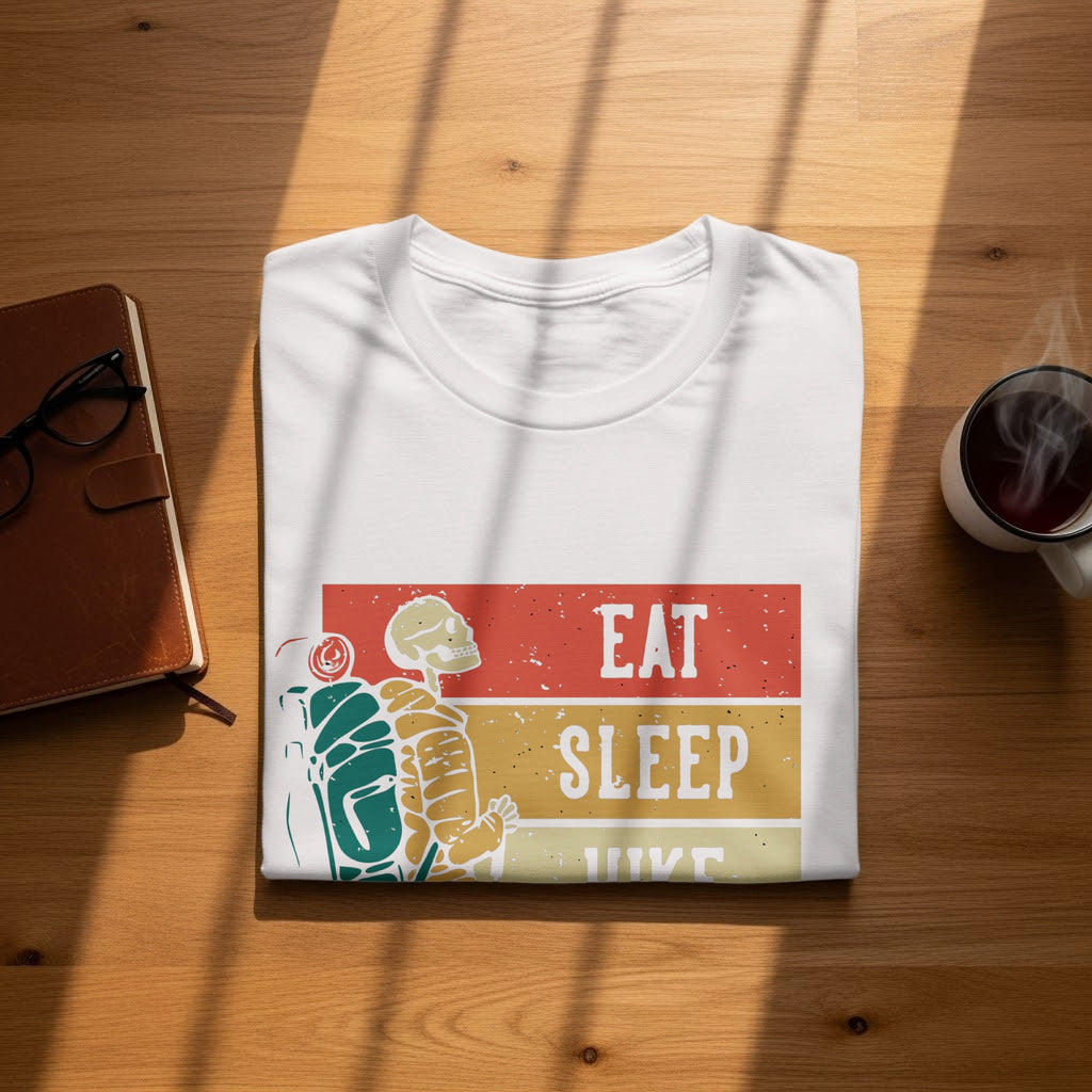 White t-shirt with graphic of skeleton hiker and text "Eat Sleep Hike".
