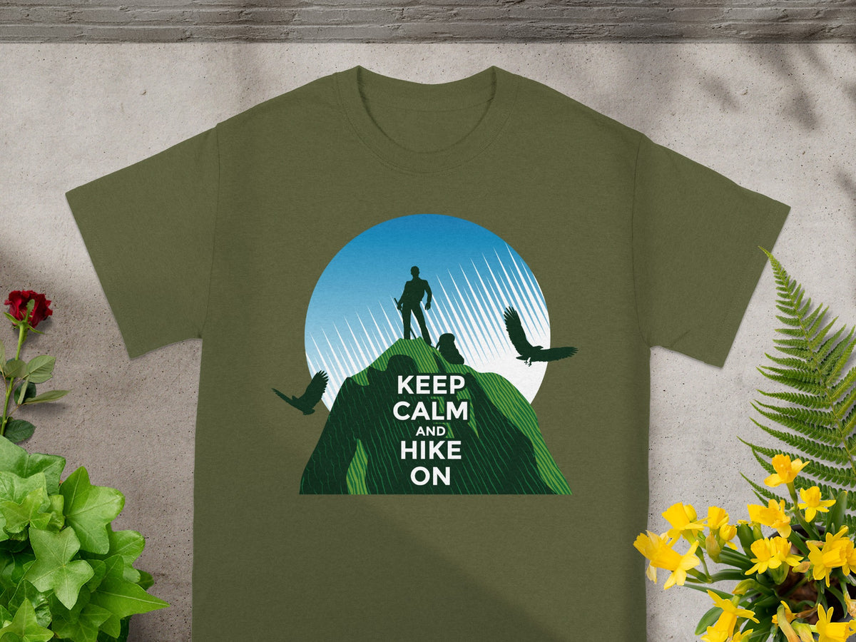 Green t-shirt with graphic "Keep Calm and Hike On" and mountain scene.