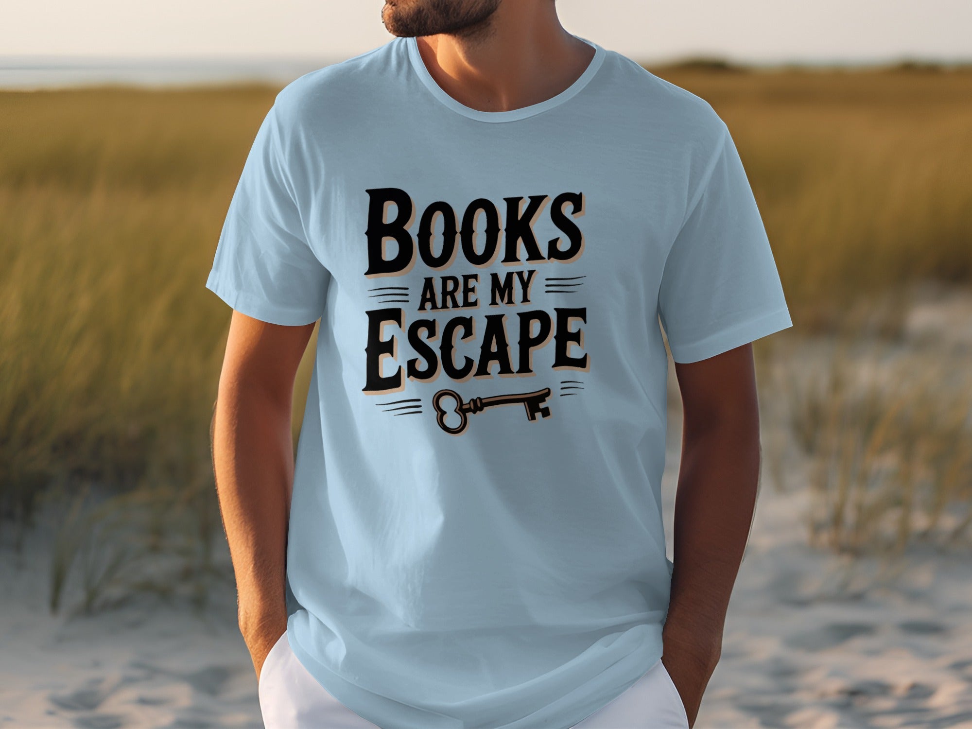 Light blue t-shirt with "Books Are My Escape" and a key design.