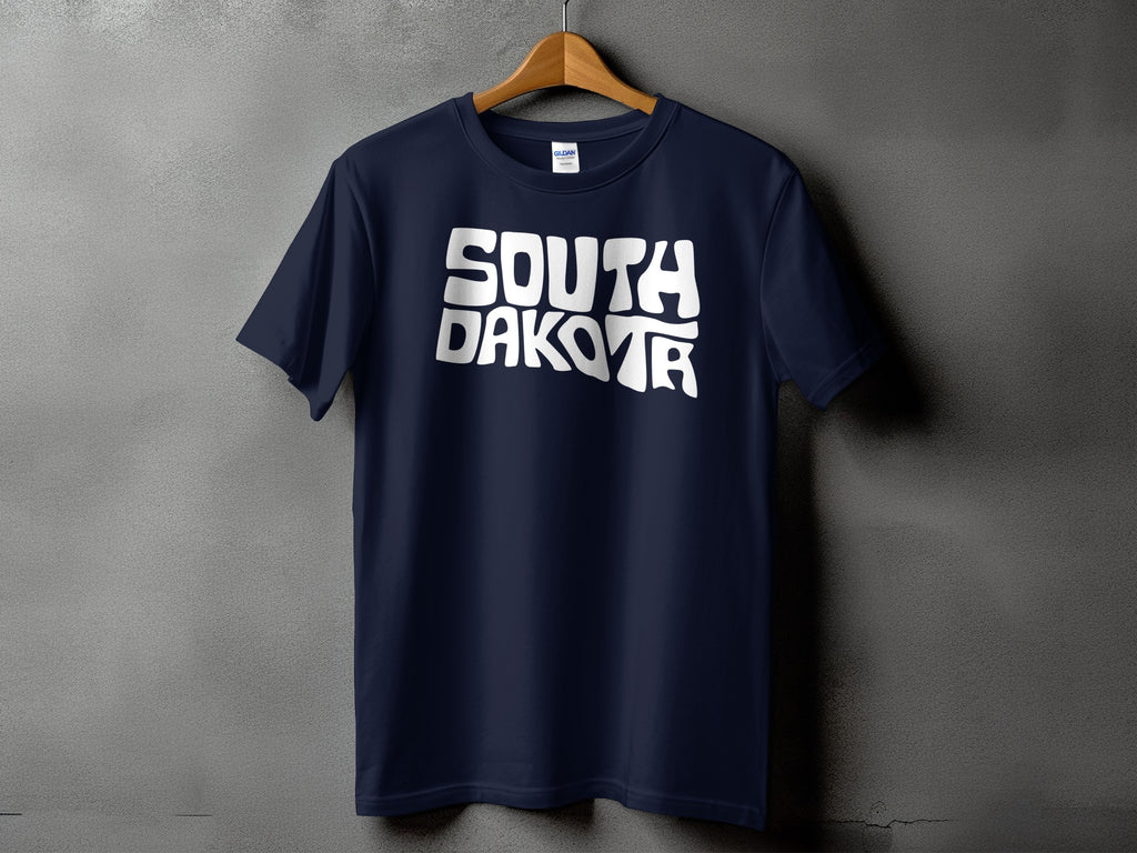 Navy Gildan t-shirt with white "SOUTH DAKOTA" text on front.