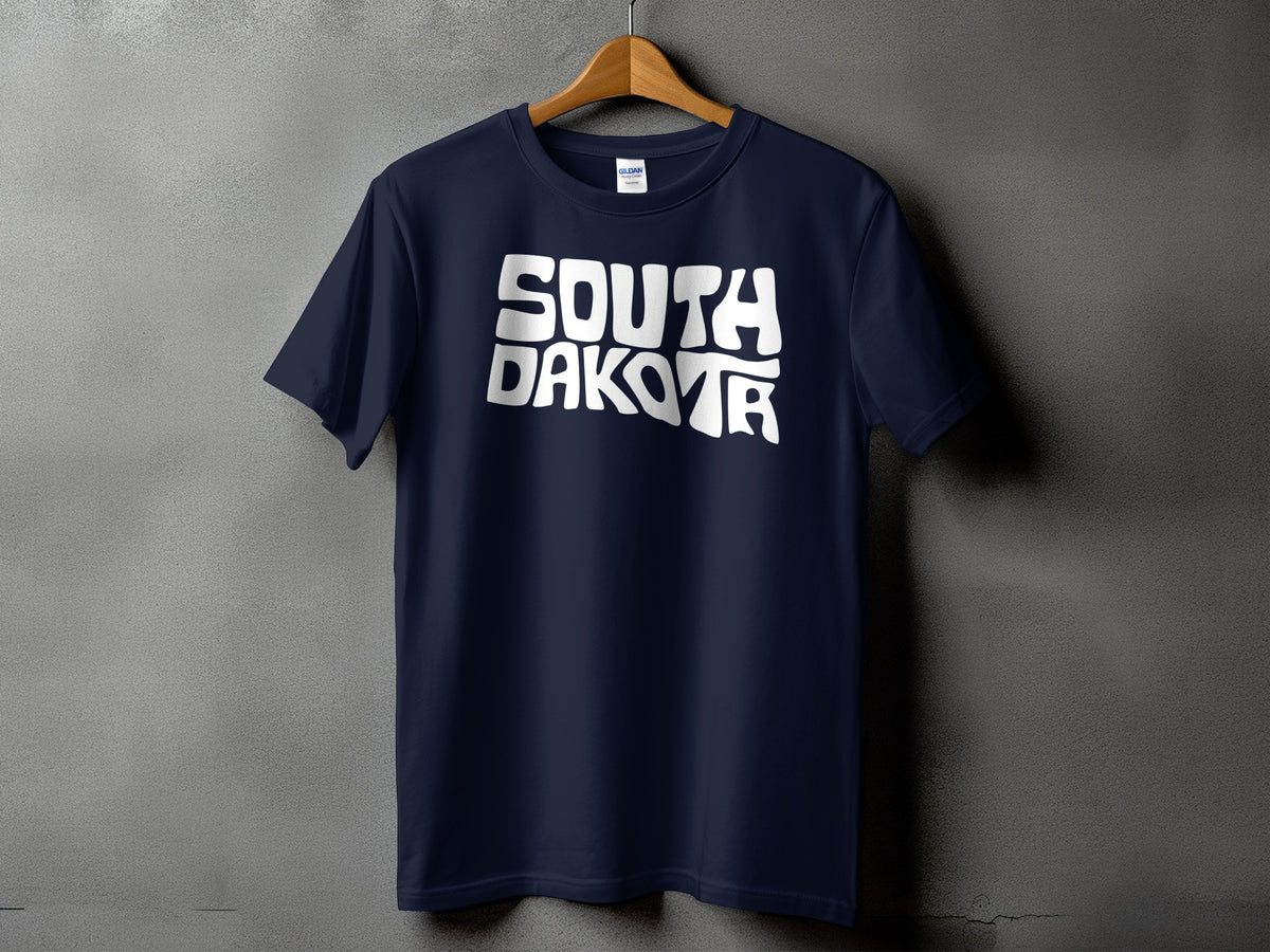Navy Gildan t-shirt with white "SOUTH DAKOTA" text on front.