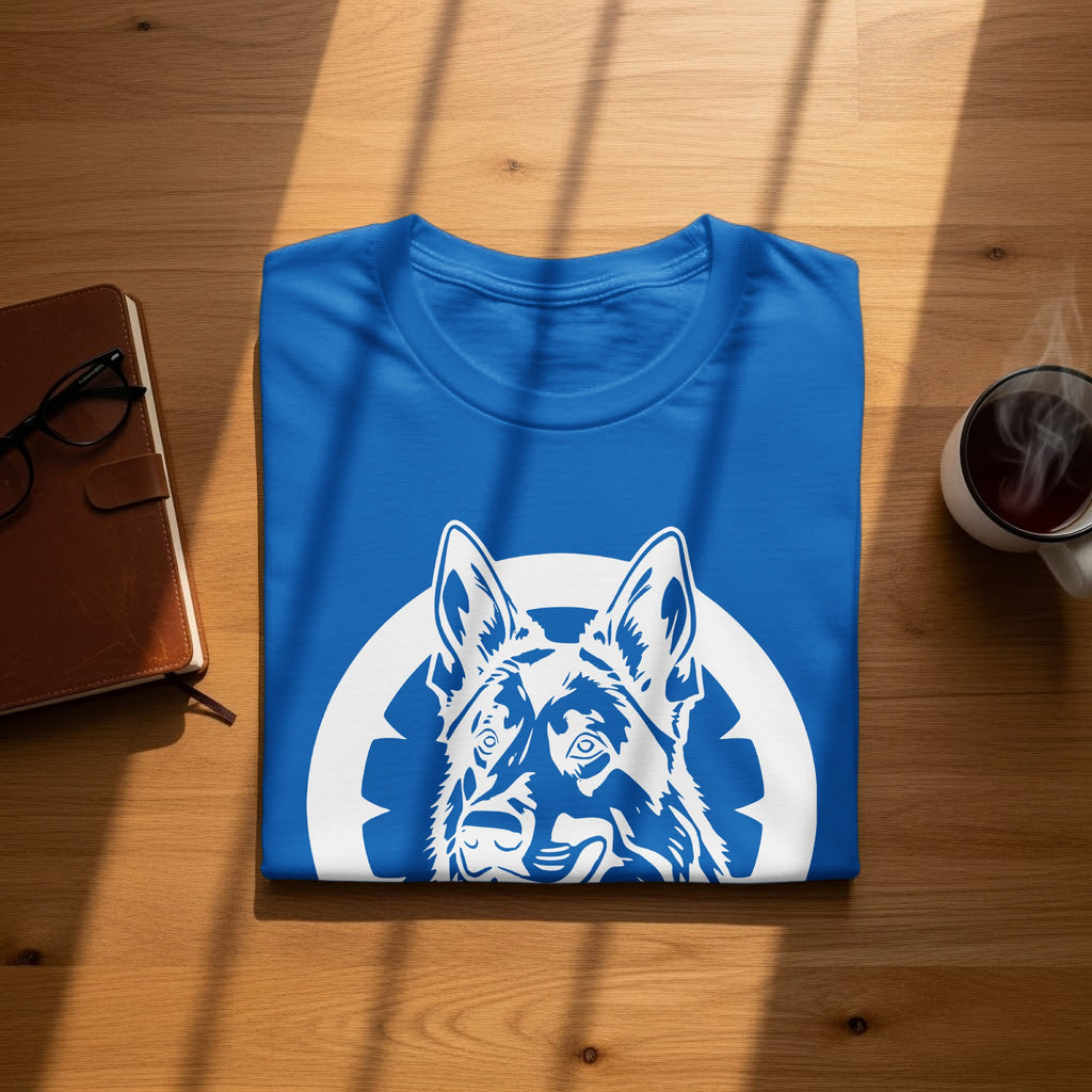 Blue t-shirt with a white German Shepherd graphic design.