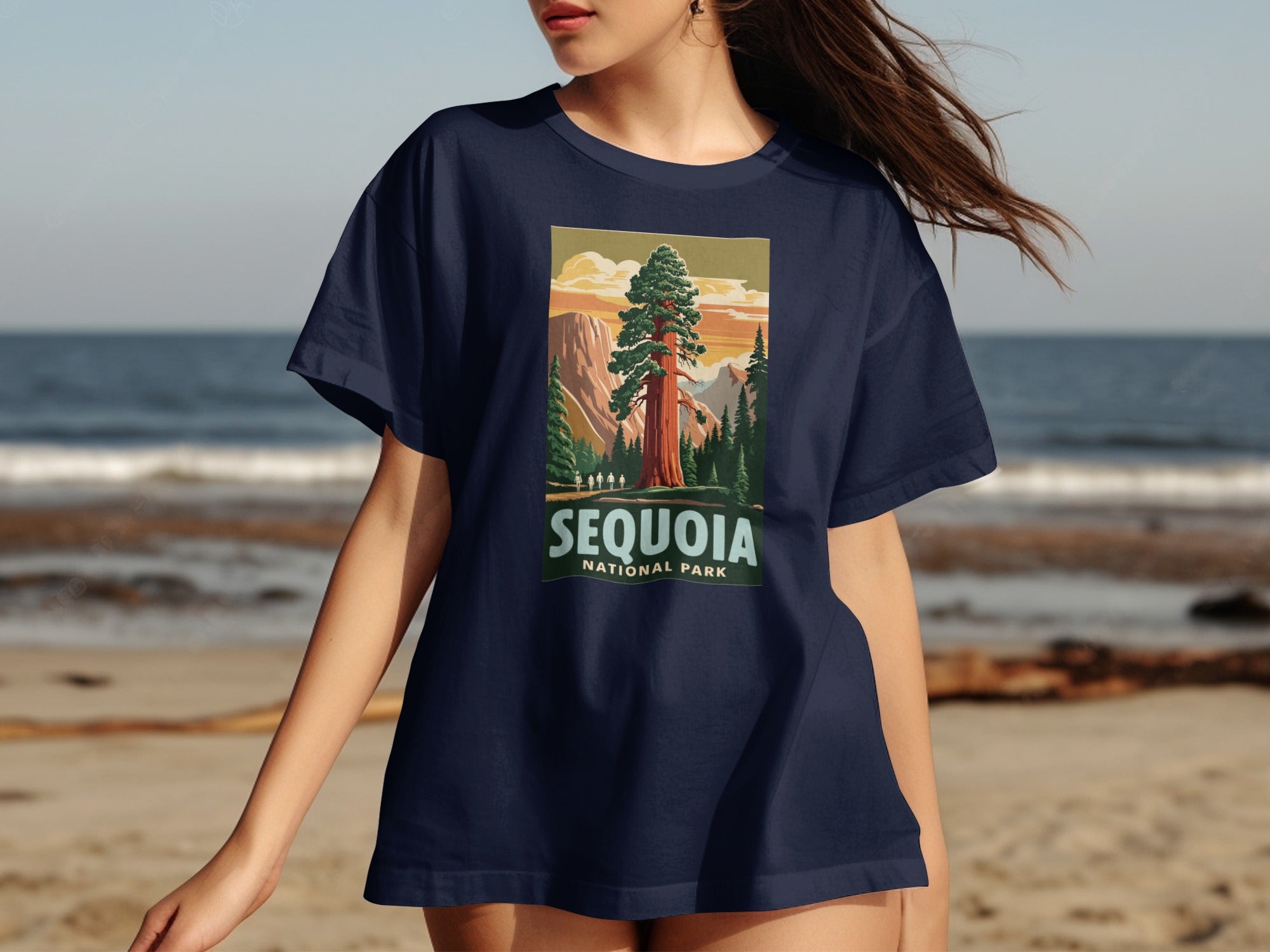 T-shirt graphic featuring a sequoia tree and mountains; text reads "Sequoia National Park".