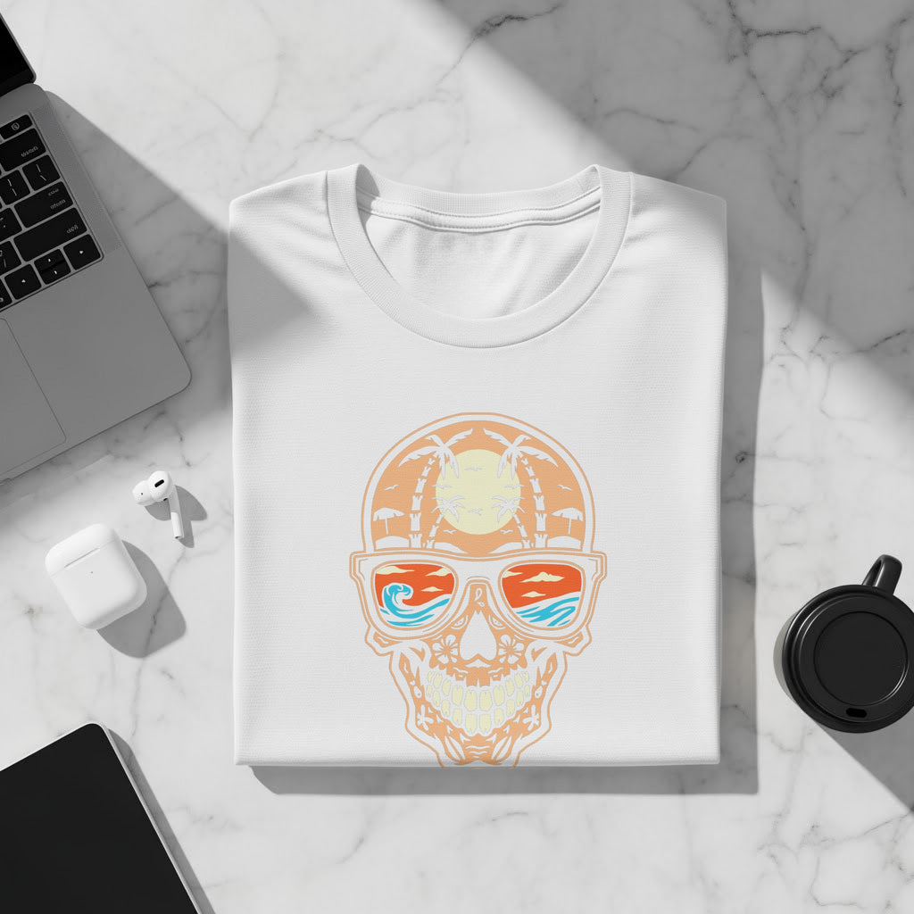 White t-shirt with a vintage skull graphic reflecting a beach sunset scene.