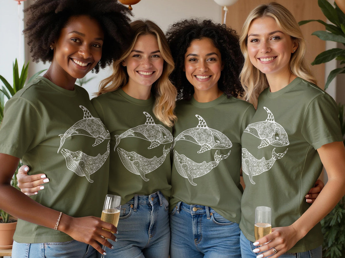 Four women in olive green t-shirts with white whale and orca designs.