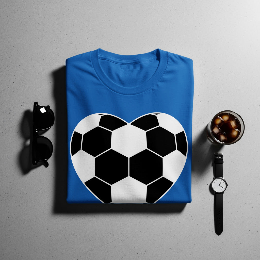 Blue t-shirt with a black and white heart-shaped soccer ball design.