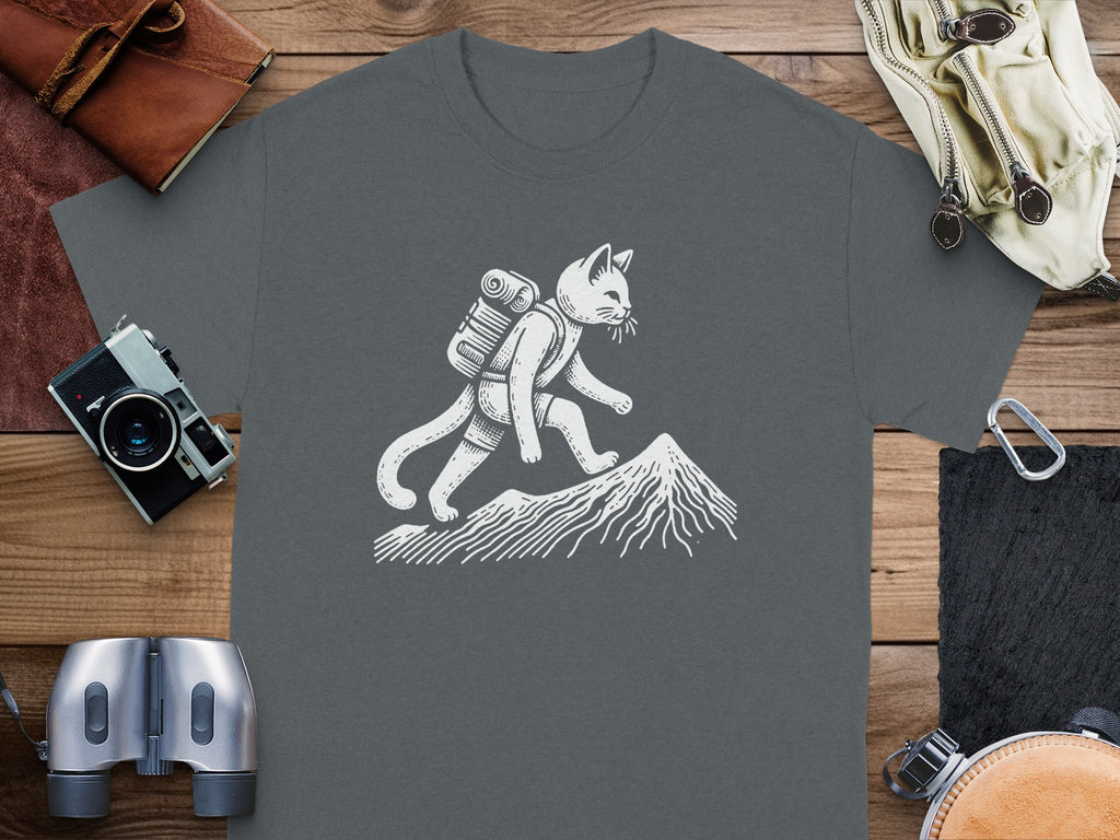 White line art of a cat wearing a backpack hiking up a mountain.