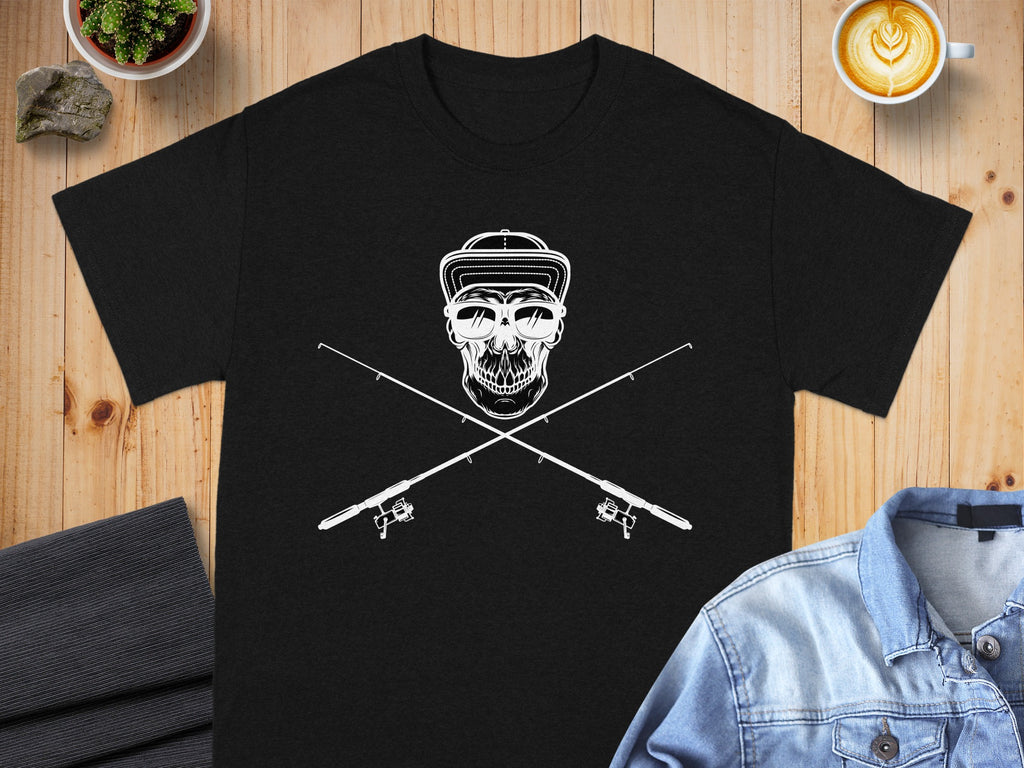 Black t-shirt with white graphic of skull wearing sunglasses and cap, crossed fishing rods.