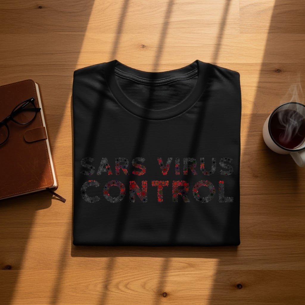 Black t-shirt with "SARS VIRUS CONTROL" text made of virus graphics.