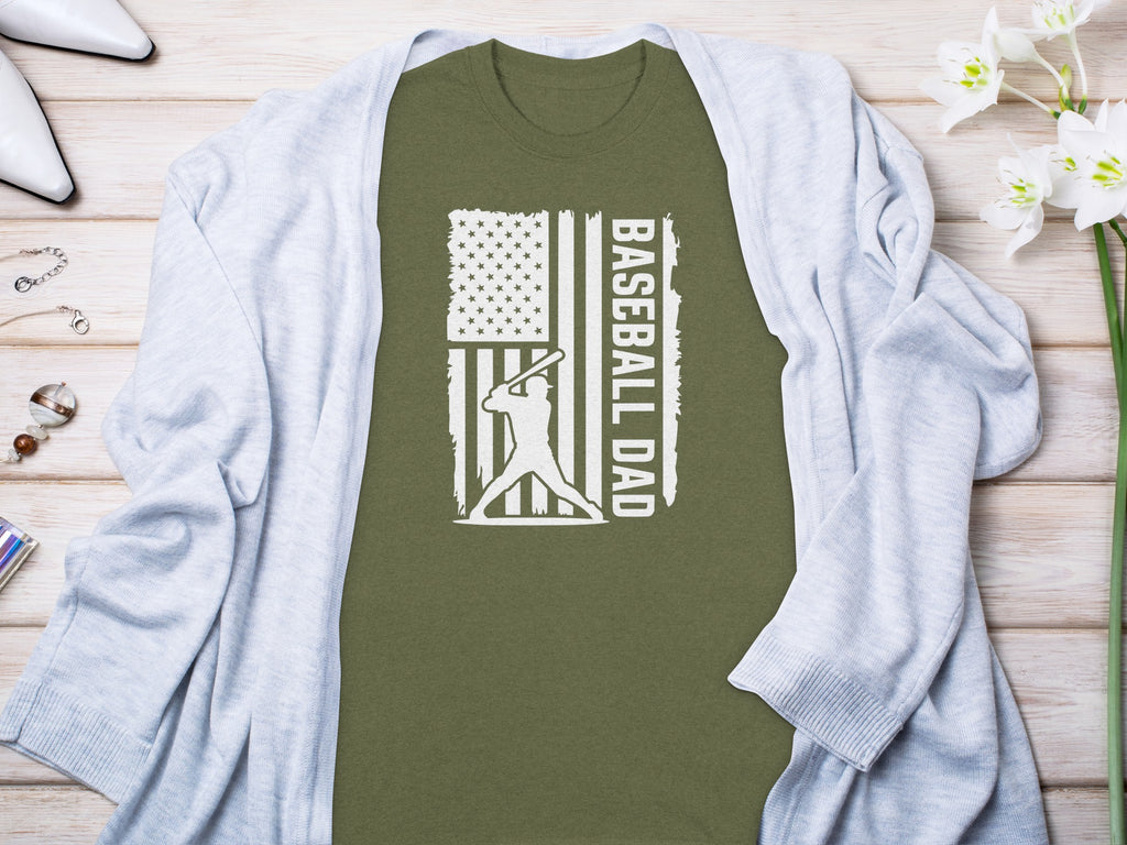 Green t-shirt with distressed American flag and "Baseball Dad" text.