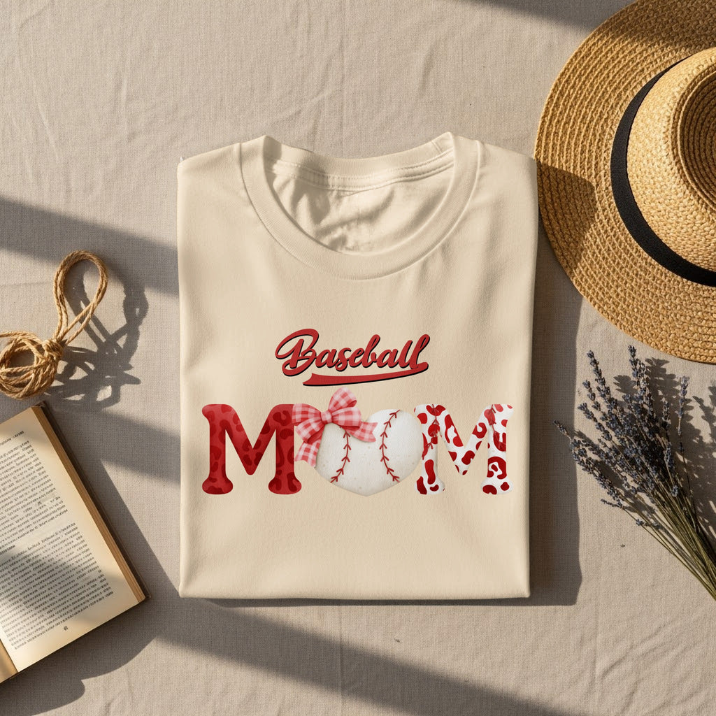 Cream t-shirt with "Baseball MOM" text design and baseball graphic heart.
