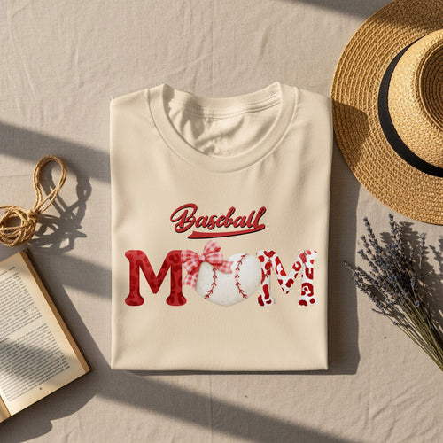 Cream t-shirt with "Baseball MOM" text design and baseball graphic heart.
