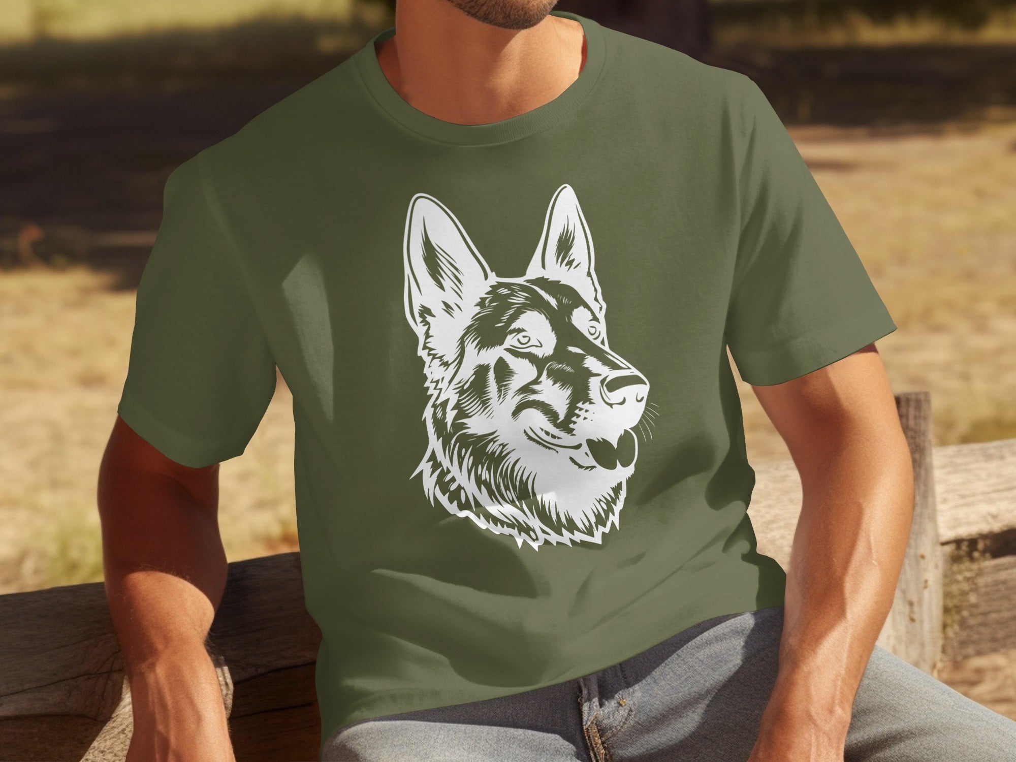 Green t-shirt with a white German Shepherd head graphic.