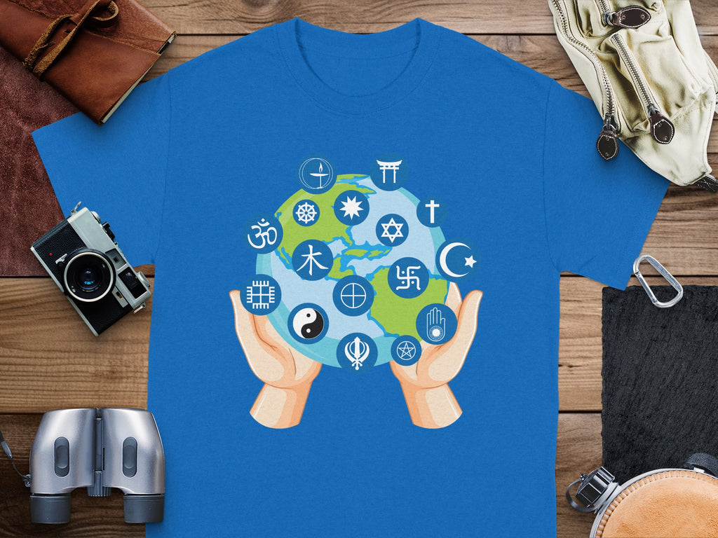 Hands hold Earth with various religious and cultural symbols