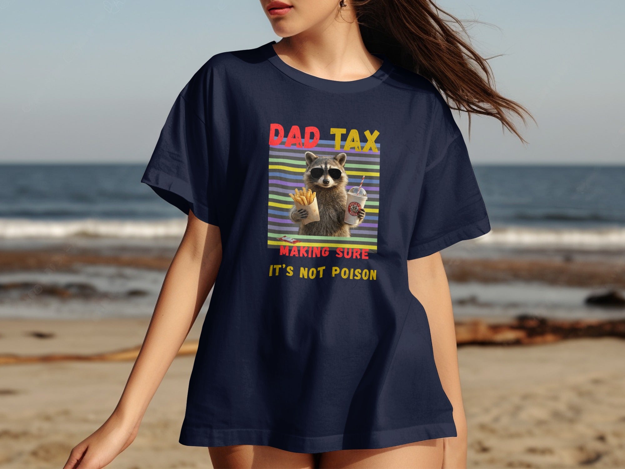 Navy t-shirt design with raccoon wearing sunglasses, holding french fries and a drink. Text says "DAD TAX".