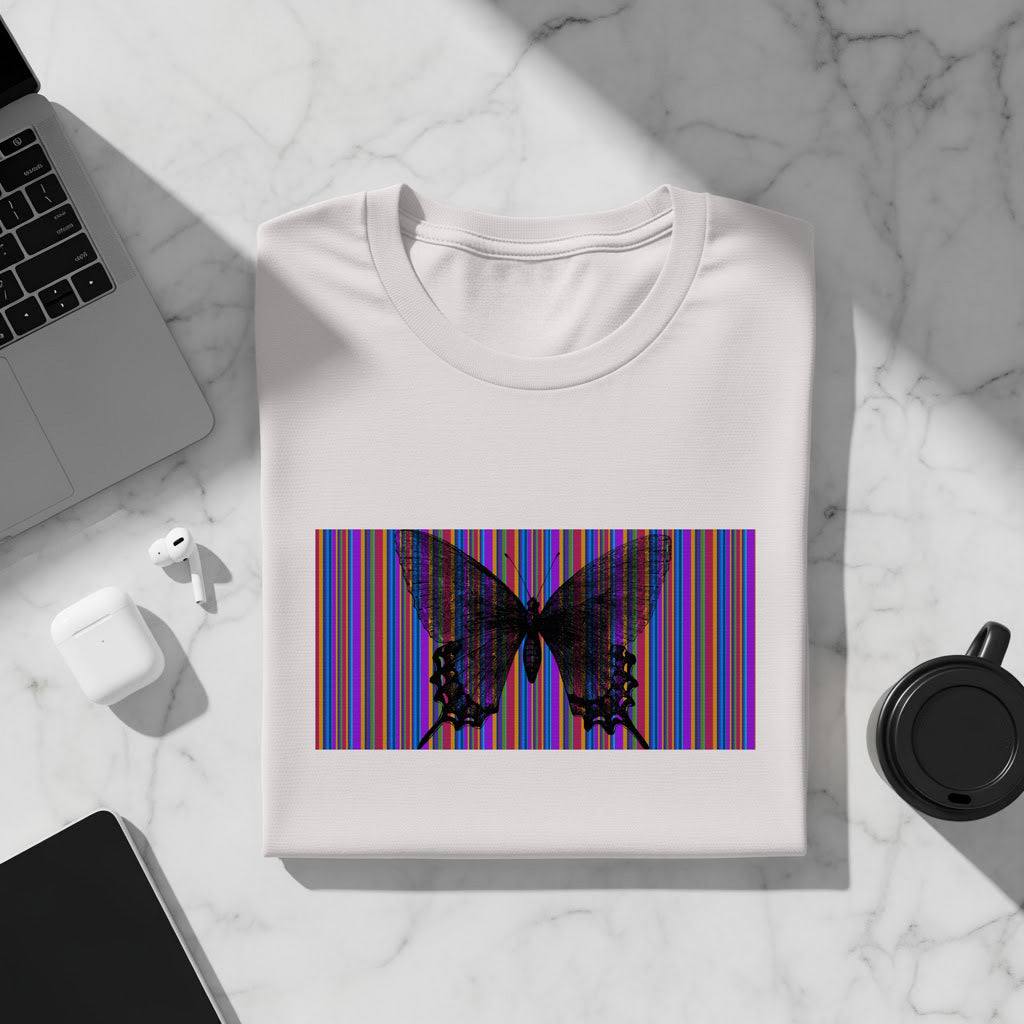 White t-shirt with a butterfly graphic over colorful vertical stripes.