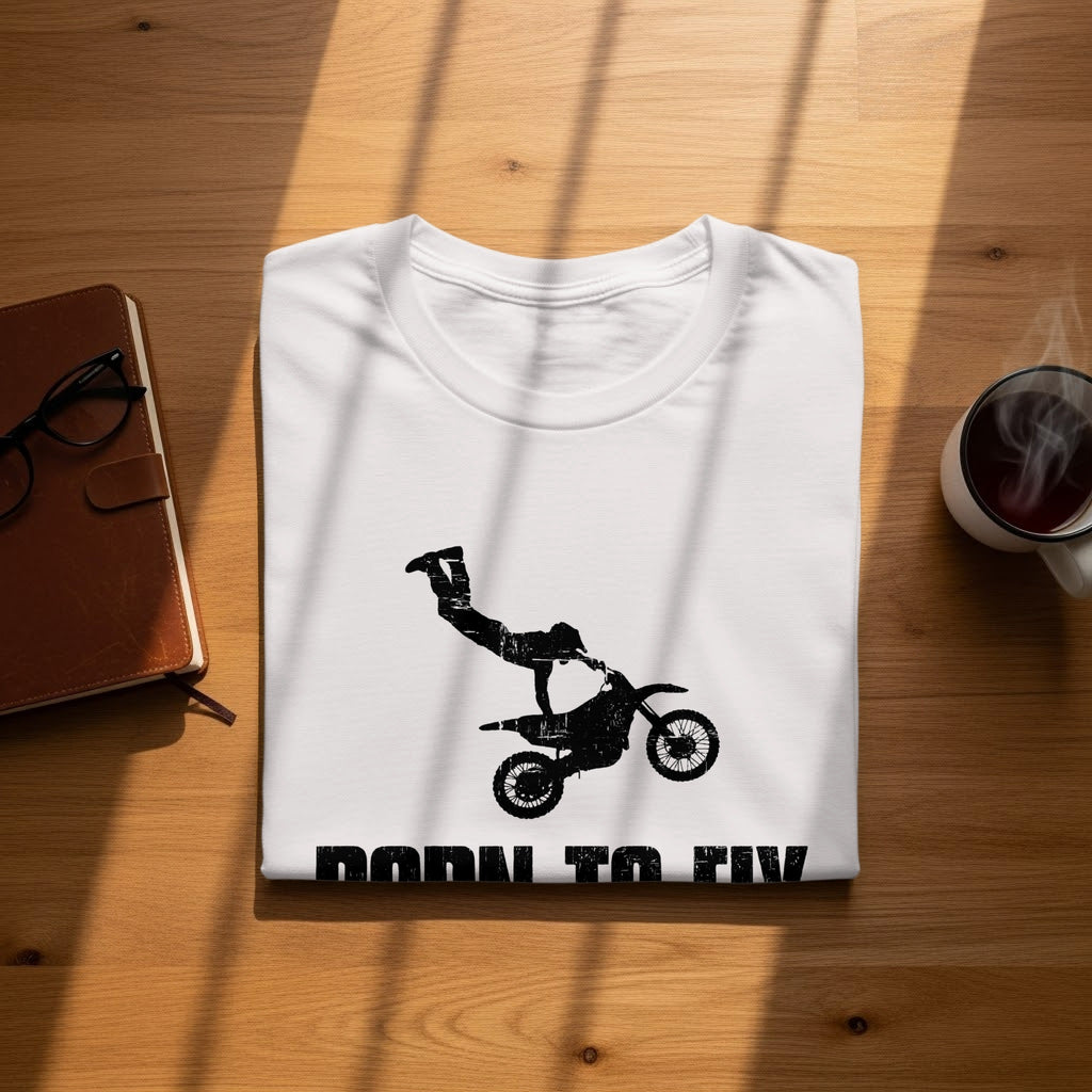 White t-shirt with black motocross graphic and text "BORN TO FLY."