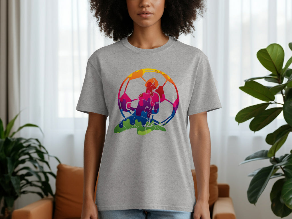 Grey t-shirt with colorful soccer player illustration inside a soccer ball outline.