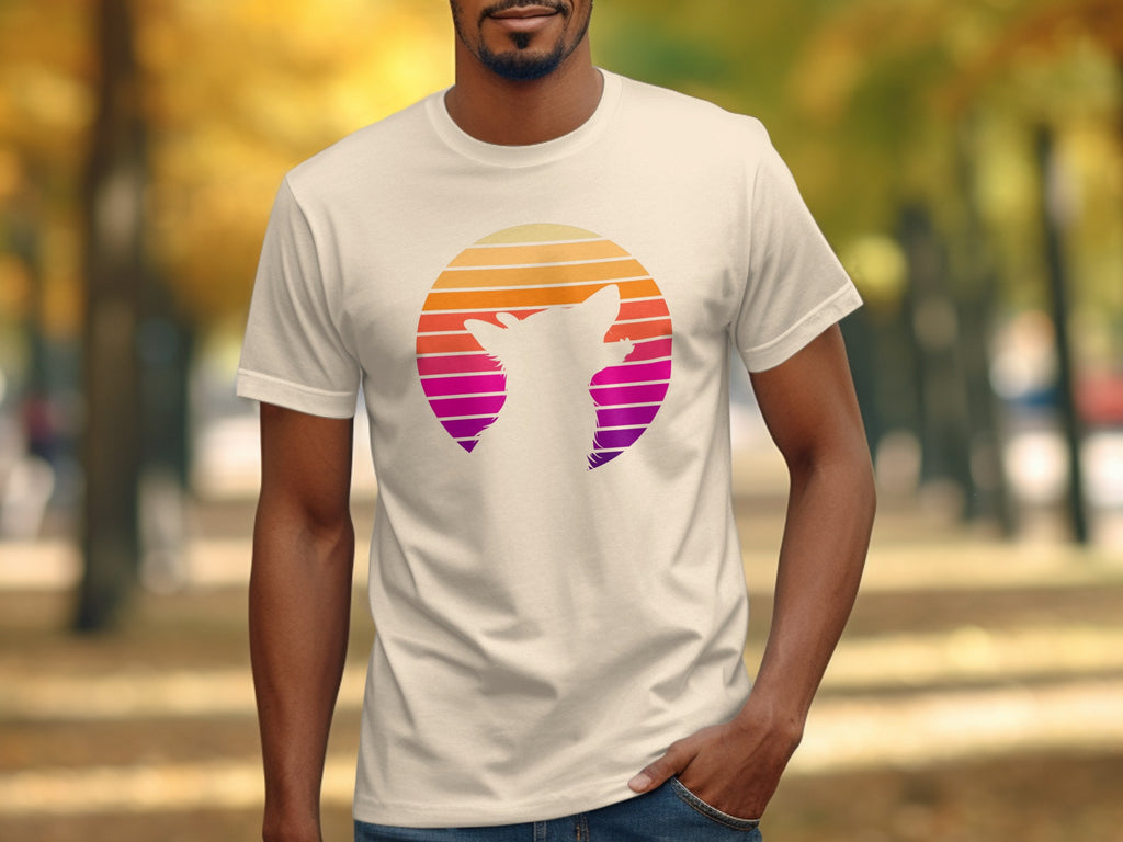 Cream t-shirt with a stylized dog silhouette against a striped sunset circle.